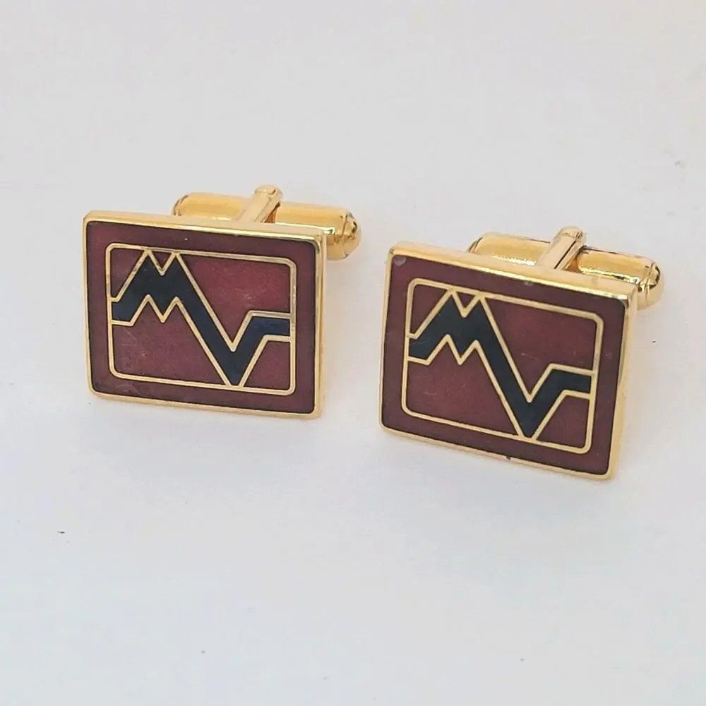 Mario Valentino MV Gold Red Black Tone Rectangle‎ Logo Cufflinks Designer Retro